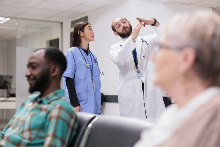 Diverse medical staff talking about healthcare service
